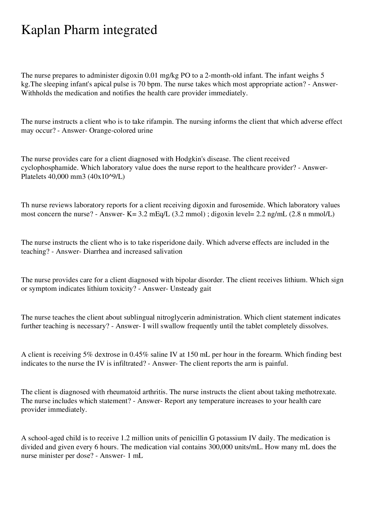 Preview image of Kaplan Pharm integrated Quesions And Answers document